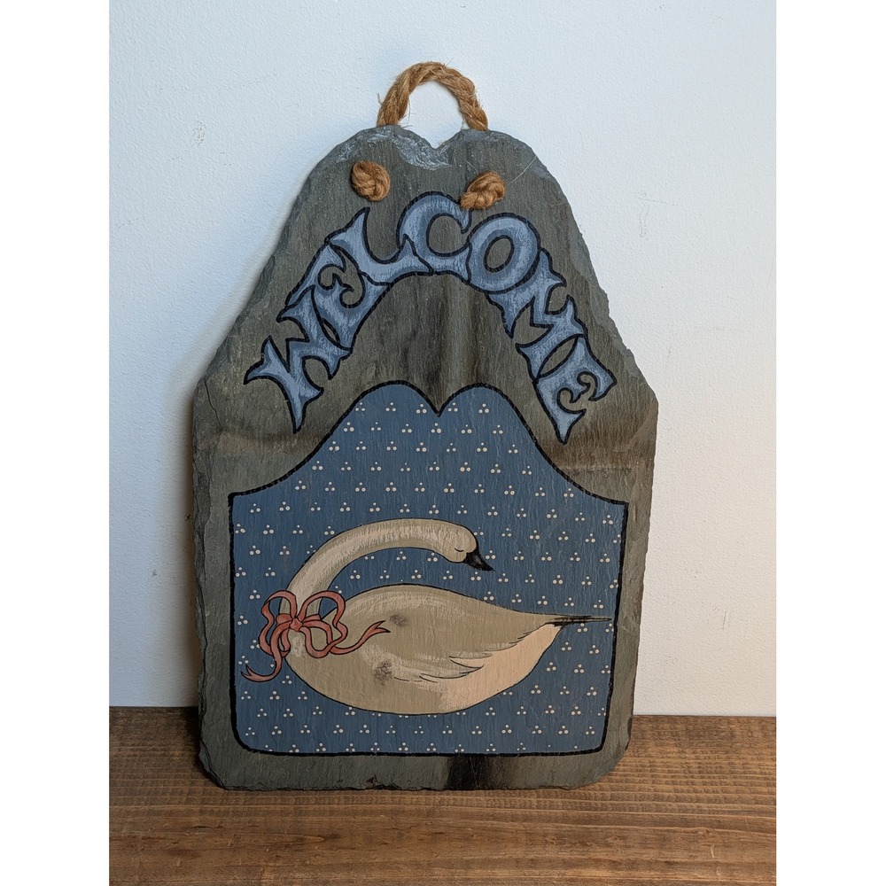 Vintage Hand Painted Slate Welcome Sign Swan Folk Art Wall Hanging 17x11 Cottage